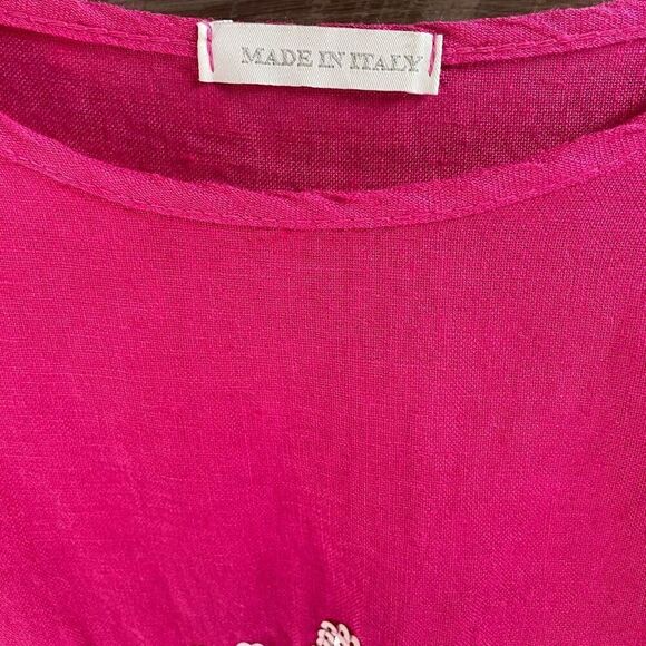 MADE IN ITALY Women’s Linen Sequined Flower Blouse Short Sleeve Size L Floral - Picture 6 of 8